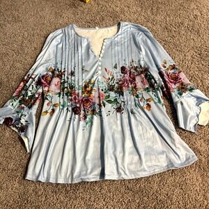 Unbranded Floral Satin Blouse 2XL Blue Bell Sleeve Pleated Button V-Neck Plus